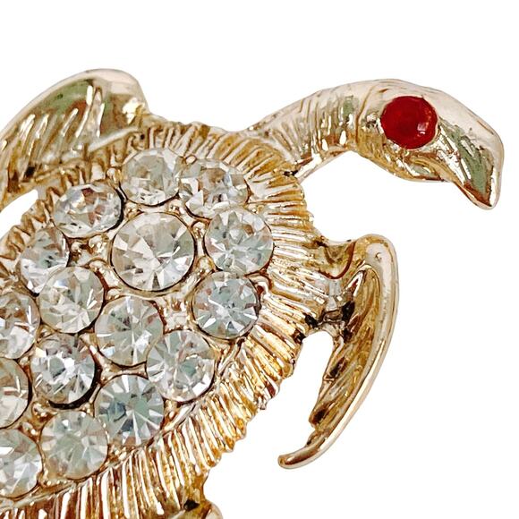 Vintage Gold Tone Turtle Brooch Rhinestone Shell Red Eye Pin 1960s Sparkling - Picture 4 of 9
